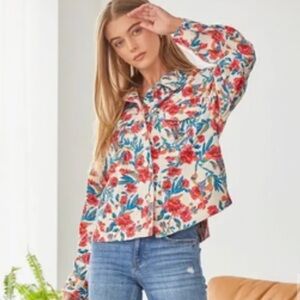 Emily Wonder Raven Kat Floral Corduroy Jacket Size 2X Cream Green Purple Pink